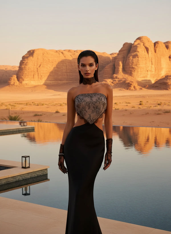 Lace Cut-Out Satin Maxi Dress